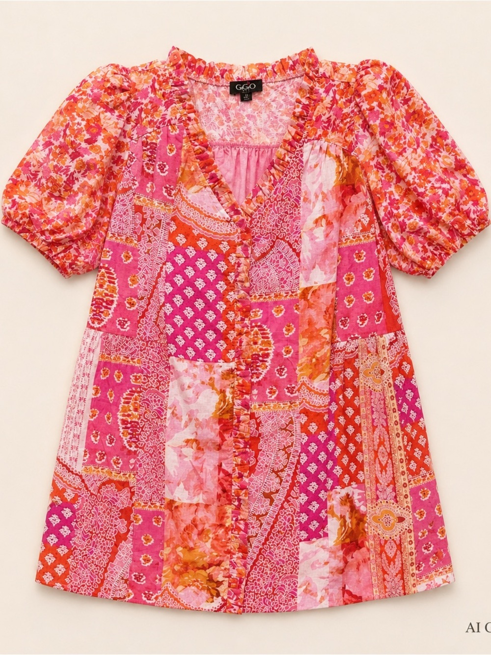 Gigio Cotton Patchwork Puff Sleeve Pink V-Neck Mini Dress - Picture 2 of 7